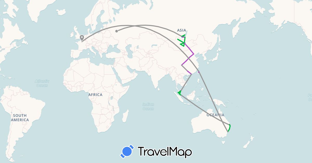 TravelMap itinerary: bus, plane, train in Australia, China, France, Hong Kong, Mongolia, Malaysia, Russia, Singapore, Taiwan (Asia, Europe, Oceania)